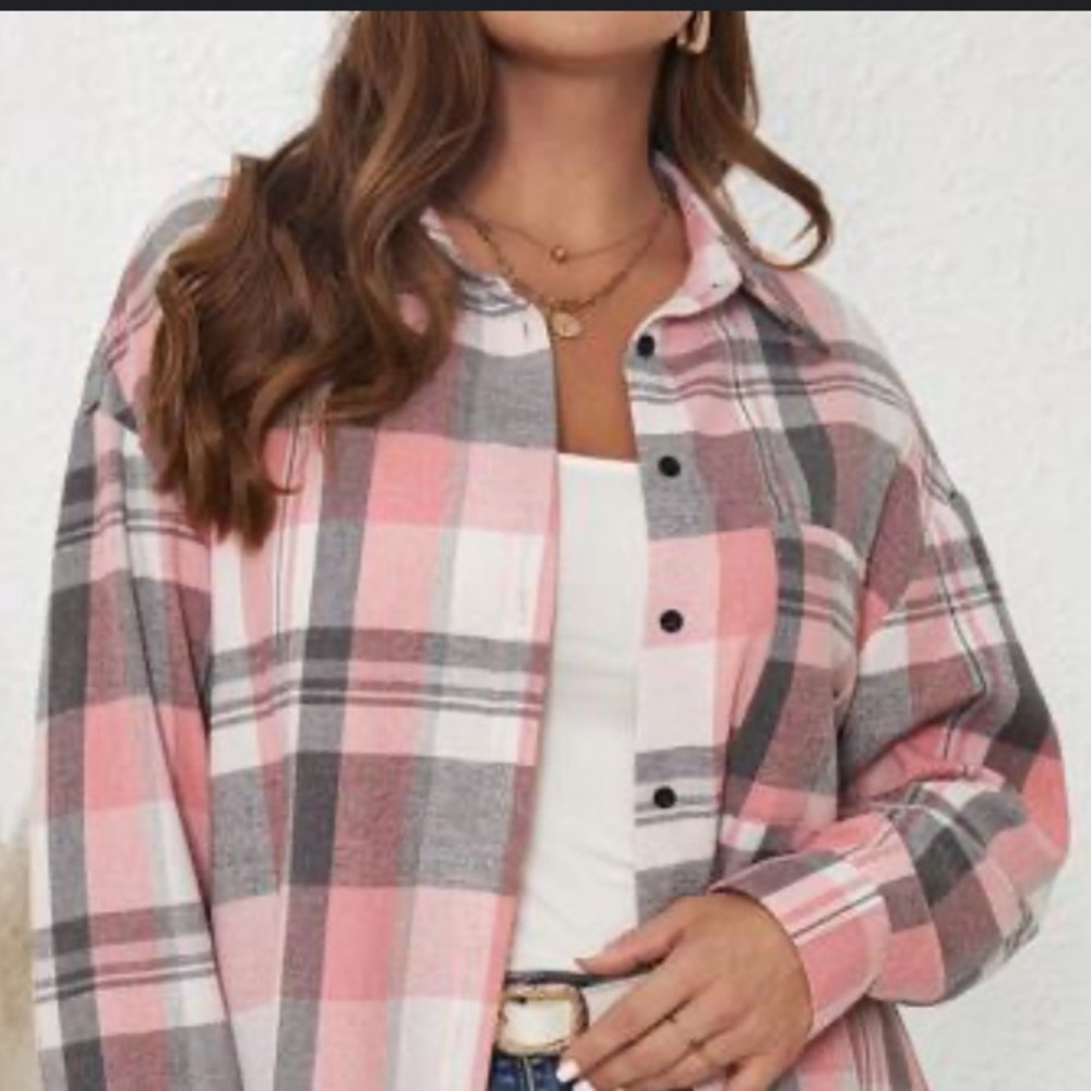-Unlisted Shein? Pink/Gray/White plaid shirt- Large (8/10) As Is